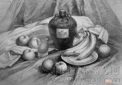 素描静物酒坛子，香蕉，盘子，苹果，杯子等